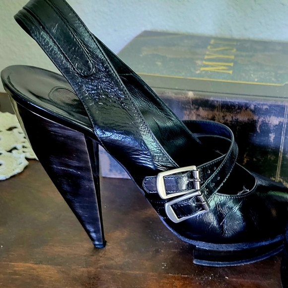 Chloe Shoes - Chloe Black Patent Leather Slingback Heels with Silver Buckles Size 7